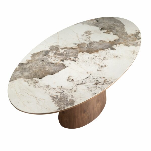 Mesa comedor ovalada mármol porcelánico y nogal