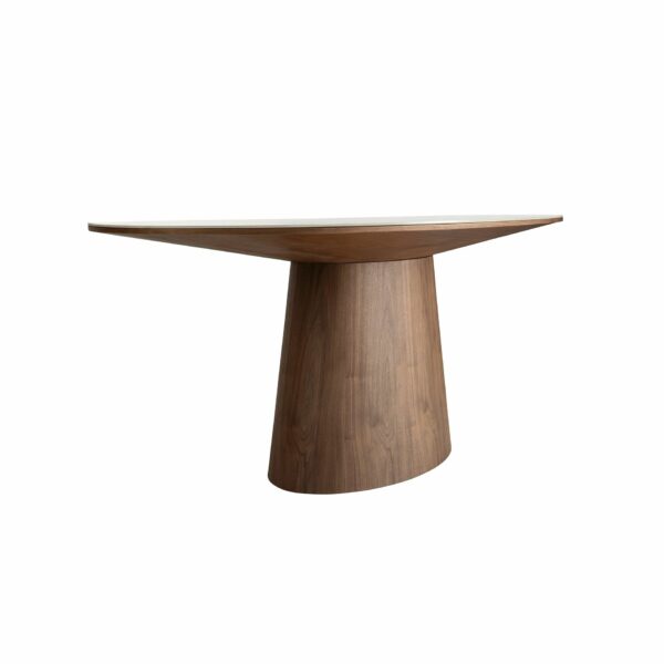 Mesa comedor ovalada mármol porcelánico y nogal
