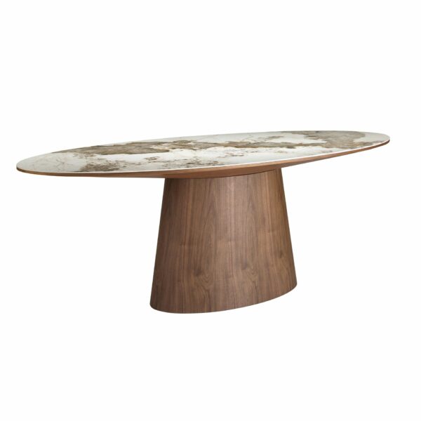 Mesa comedor ovalada mármol porcelánico y nogal