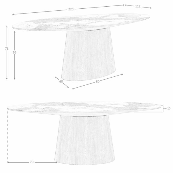 Mesa comedor ovalada mármol porcelánico y nogal