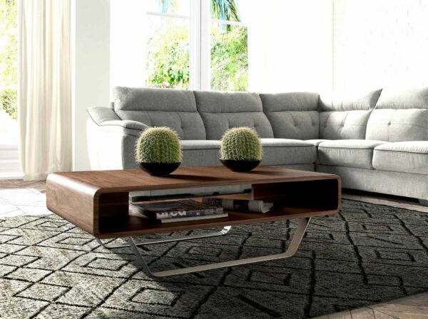 Mesa centro rectangular nogal y acero cromado