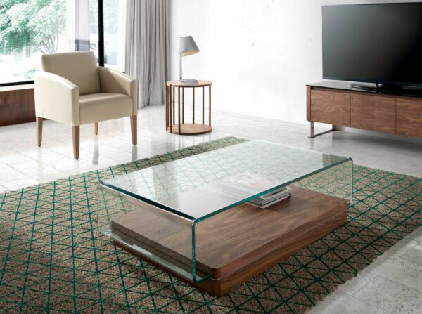 Mesa centro rectangular cristal templado y nogal