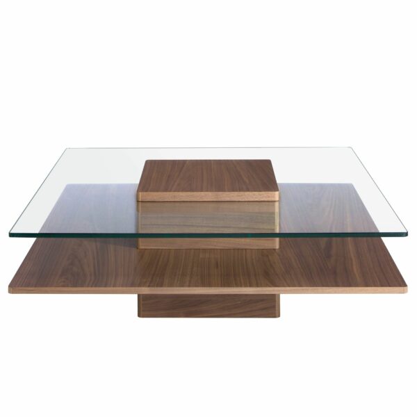 Mesa centro cuadrada cristal templado y nogal