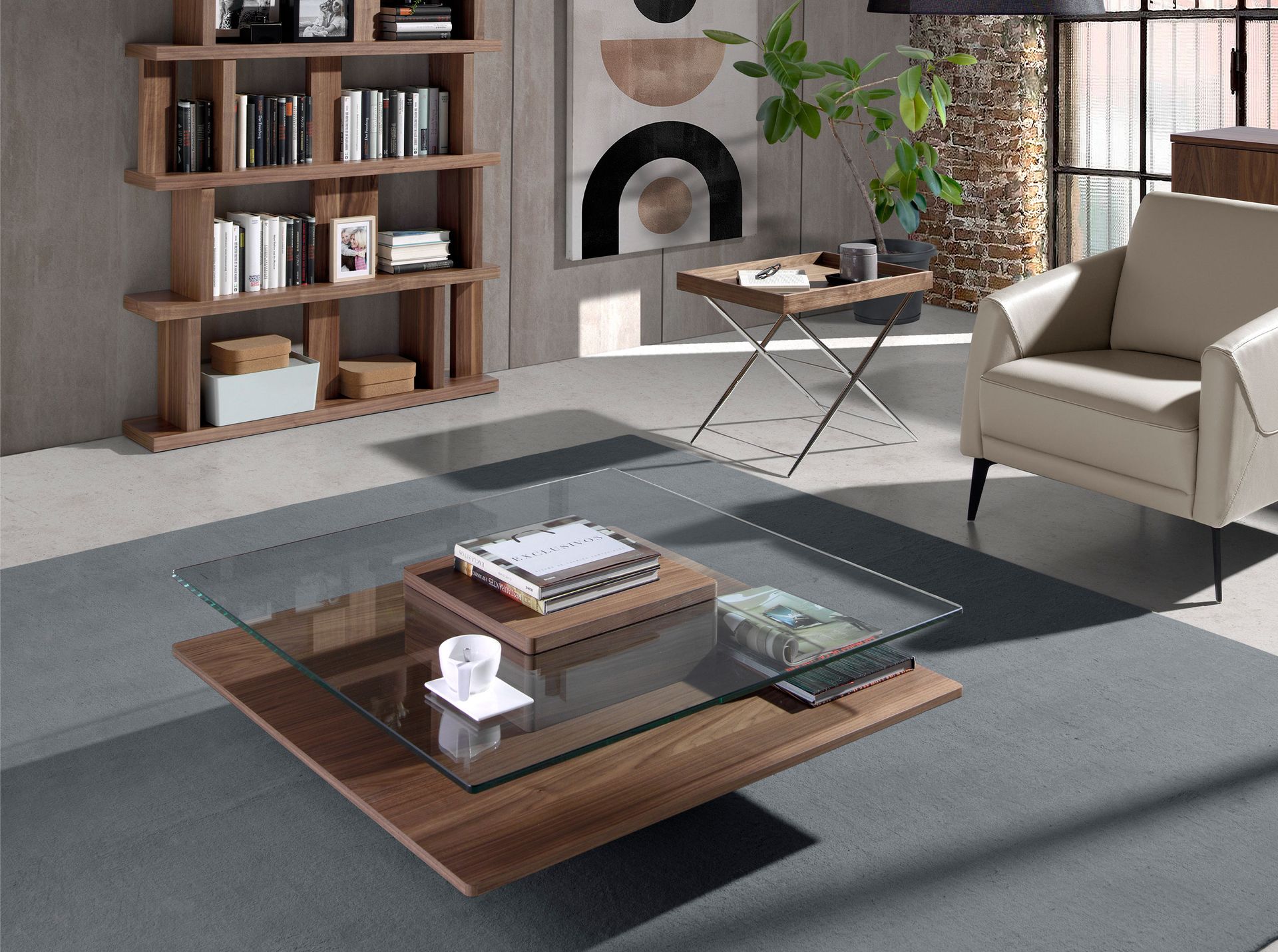 Mesa rincón rectangular nogal y acero cromado Mesa rincón rectangular nogal y acero cromado