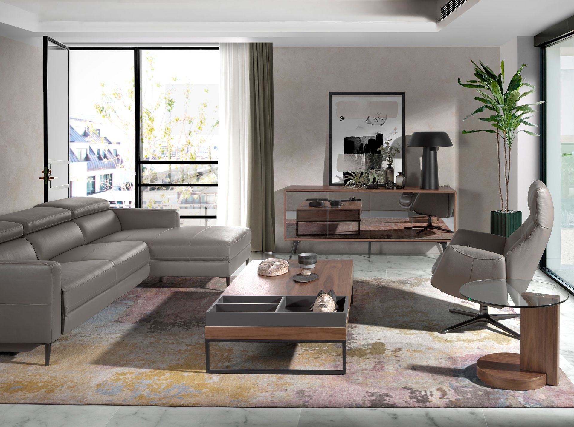 Mesa rincón redonda cristal templado y nogal Mesa rincón redonda cristal templado y nogal