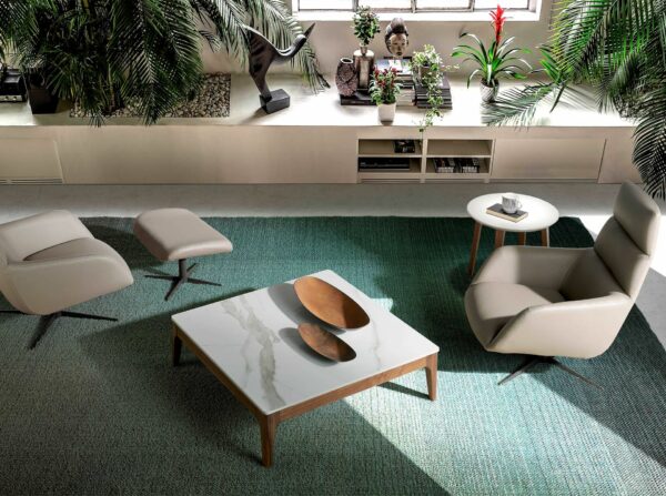 Mesa centro cuadrada mármol porcelánico y nogal