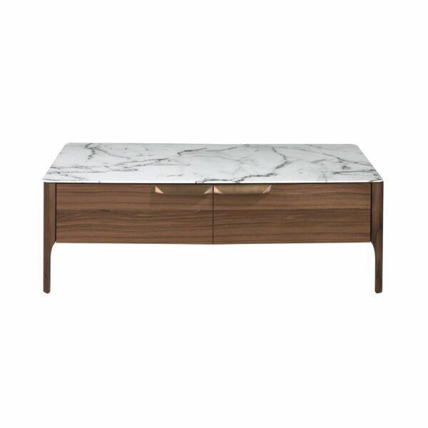 Mesa centro rectangular cristal imitación mármol y nogal