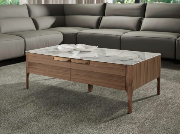 Mesa centro rectangular cristal imitación mármol y nogal