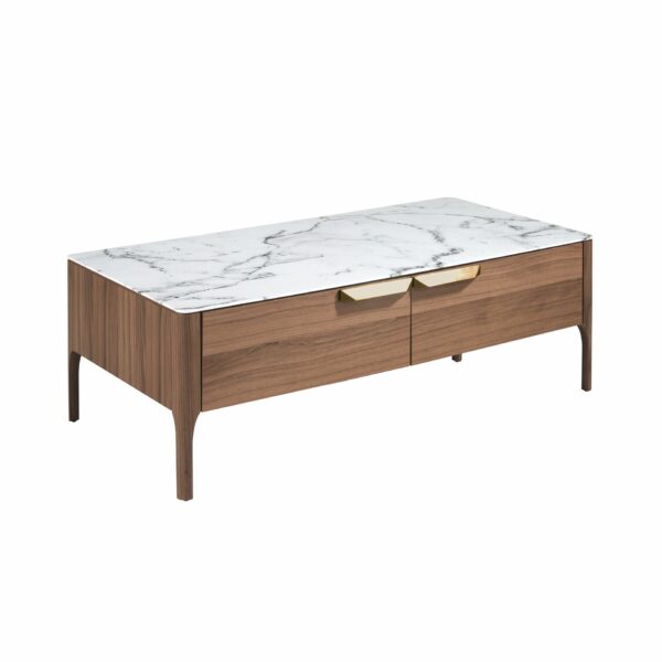 Mesa centro rectangular cristal imitación mármol y nogal