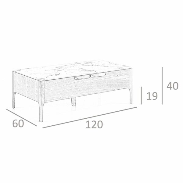 Mesa centro rectangular cristal imitación mármol y nogal