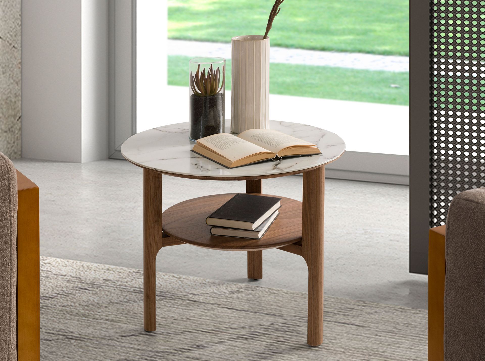 Mesa rincón redonda mármol porcelánico y nogal Mesa rincón redonda mármol porcelánico y nogal