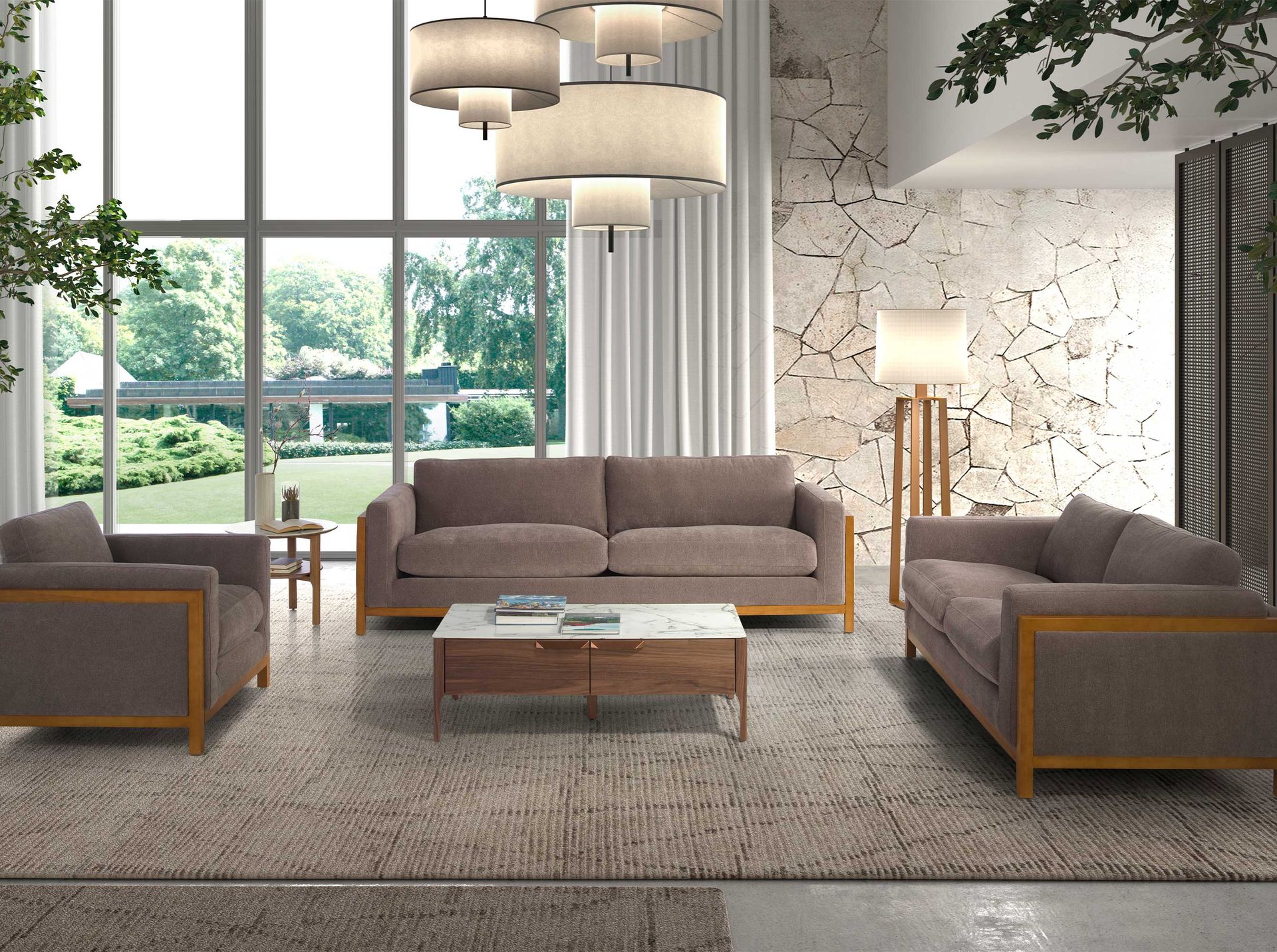 Mesa rincón redonda mármol porcelánico y nogal Mesa rincón redonda mármol porcelánico y nogal