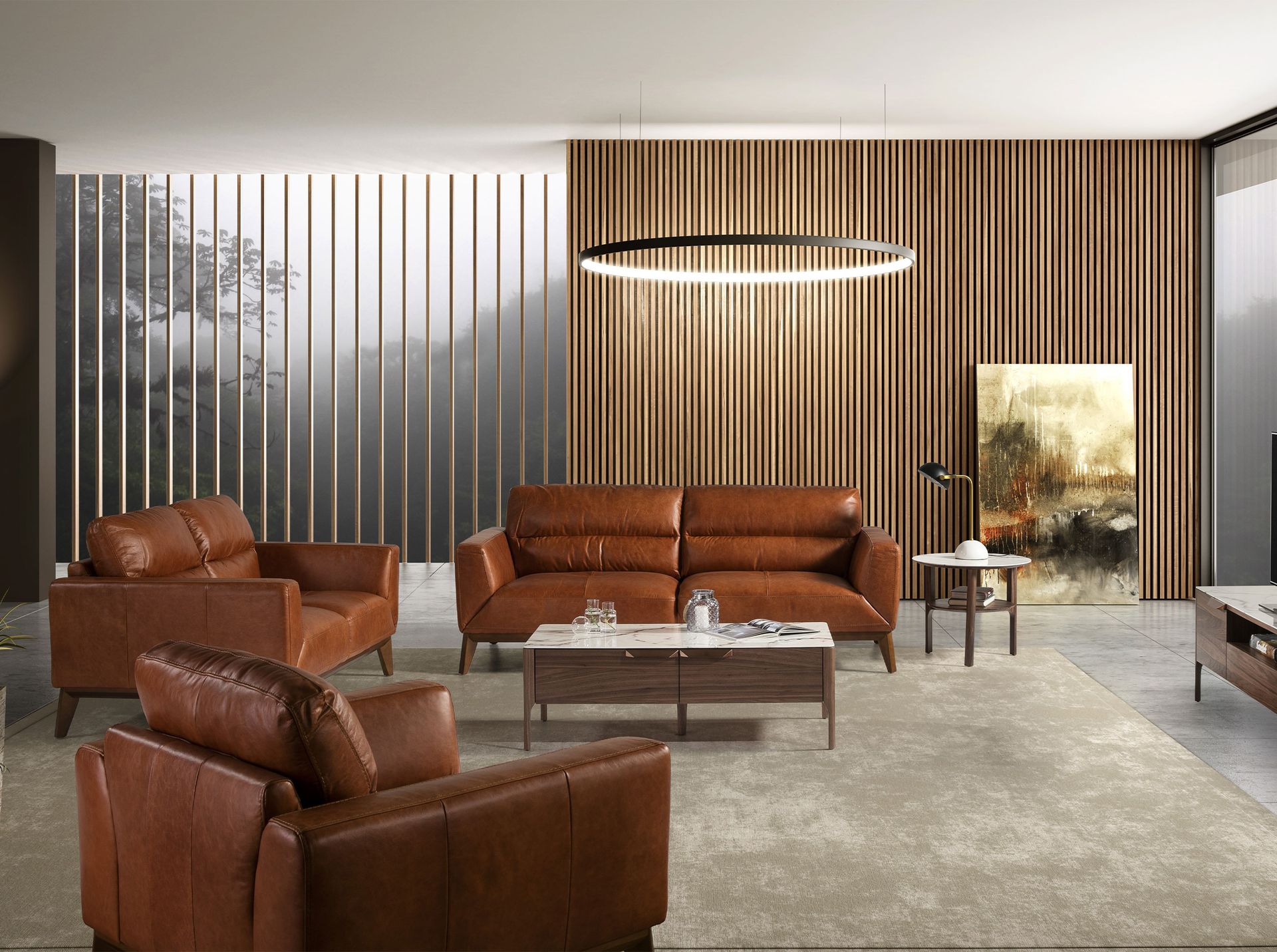 Mesa rincón redonda mármol porcelánico y nogal Mesa rincón redonda mármol porcelánico y nogal