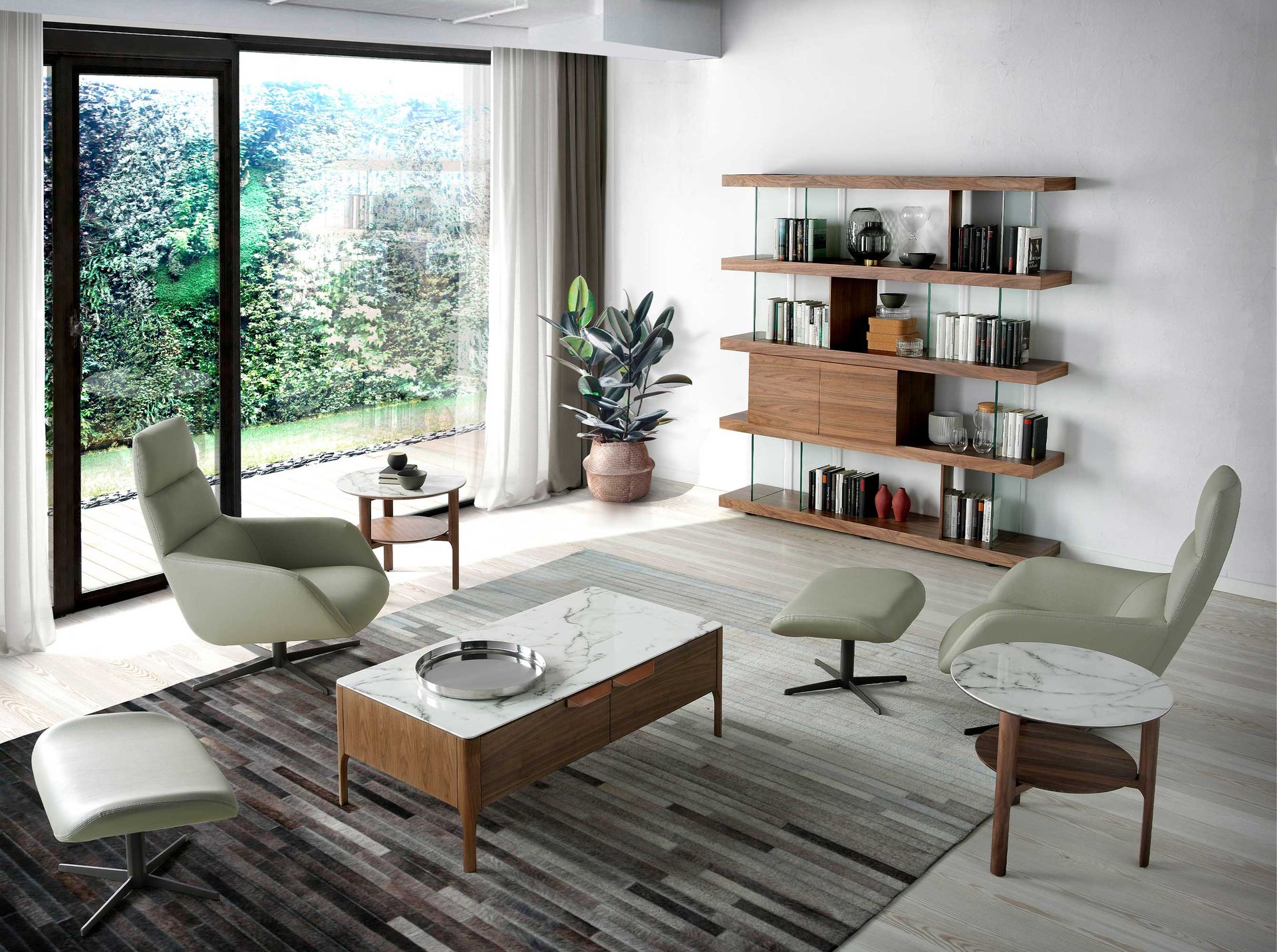 Mesa rincón redonda mármol porcelánico y nogal Mesa rincón redonda mármol porcelánico y nogal