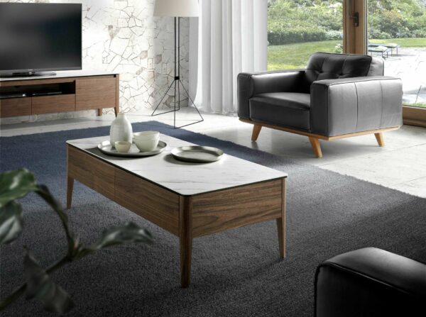 Mesa centro rectangular mármol porcelánico y nogal