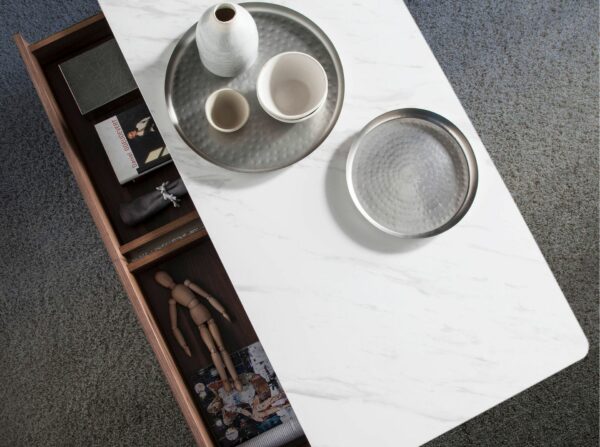 Mesa centro rectangular mármol porcelánico y nogal