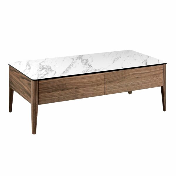 Mesa centro rectangular mármol porcelánico y nogal
