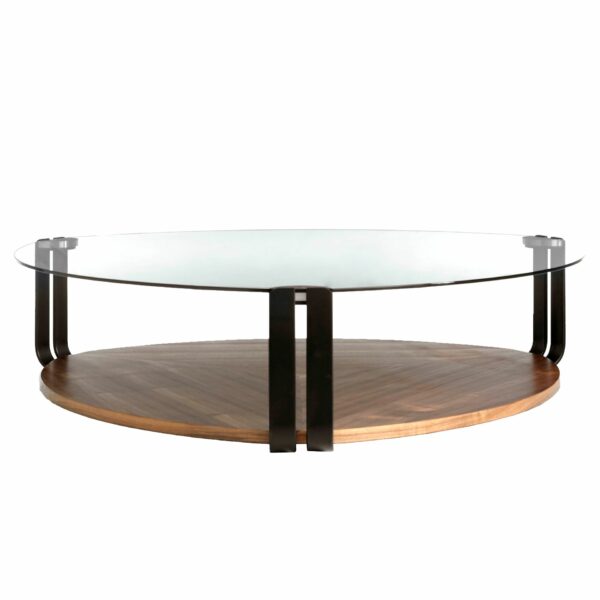 Mesa centro triangular cristal templado, acero negro y nogal