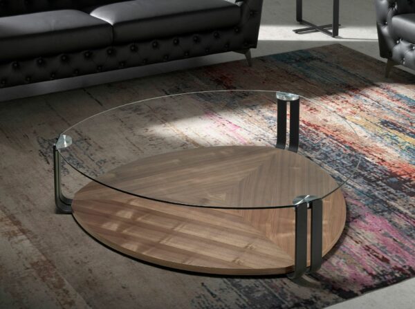 Mesa centro triangular cristal templado, acero negro y nogal
