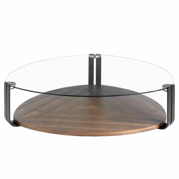 Mesa centro triangular cristal templado, acero negro y nogal