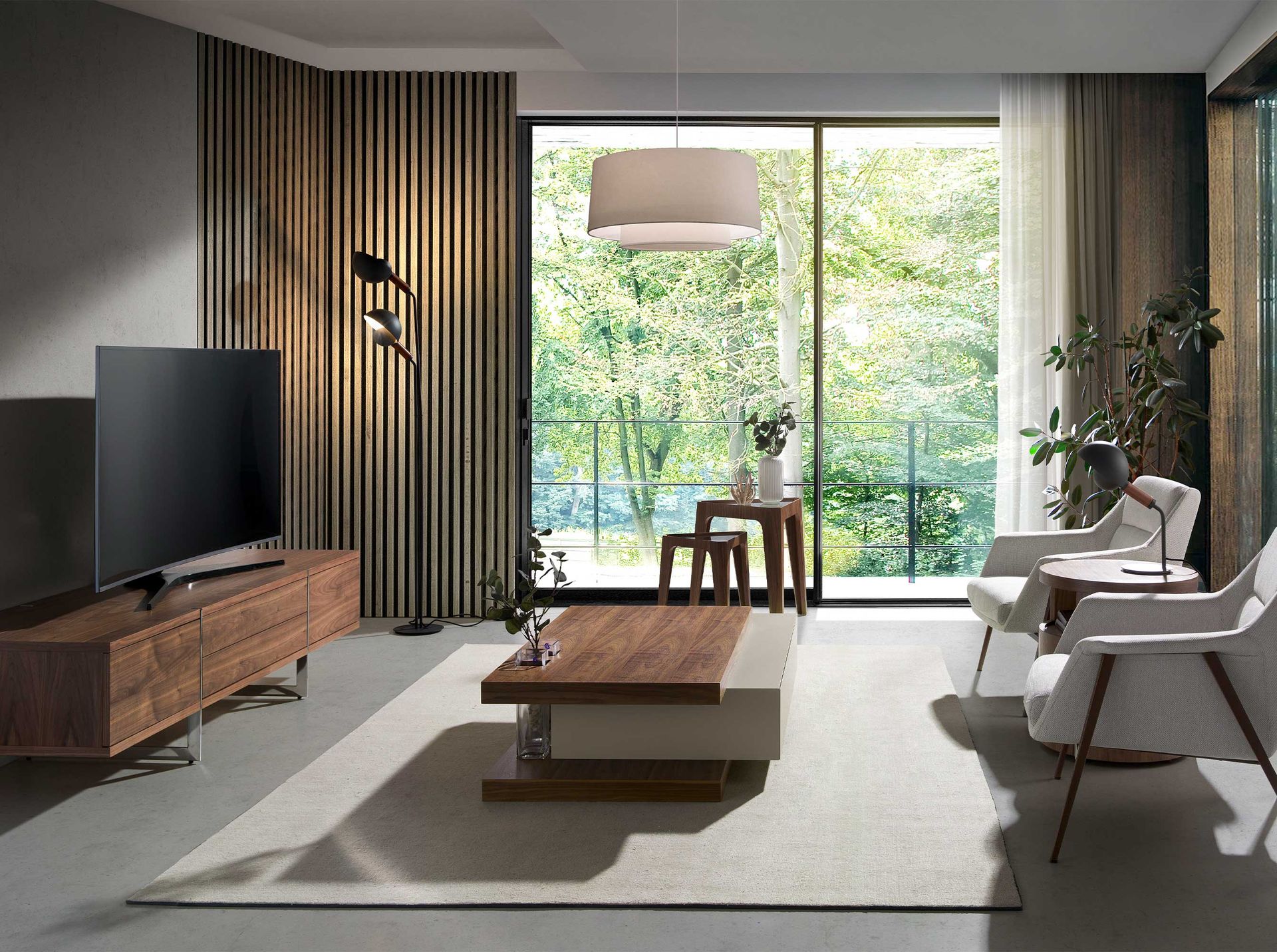 Mesa rincón triangular cristal templado y nogal Mesa rincón triangular cristal templado y nogal