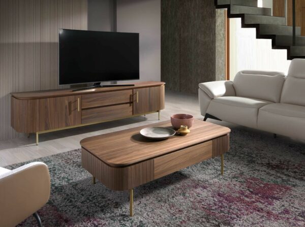 Mesa centro rectangular nogal y acero pulido dorado