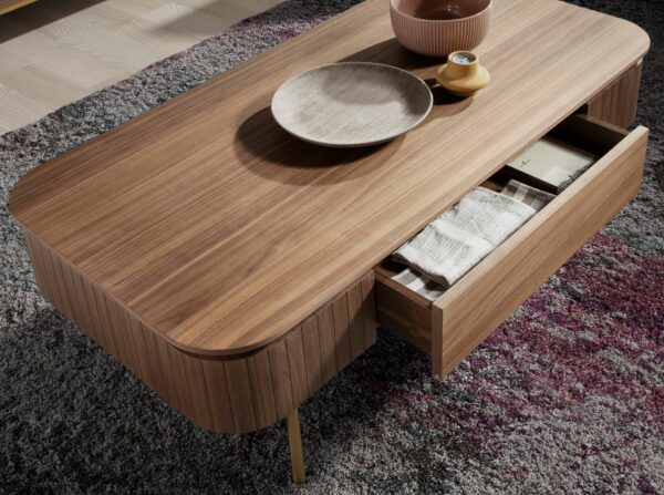 Mesa centro rectangular nogal y acero pulido dorado