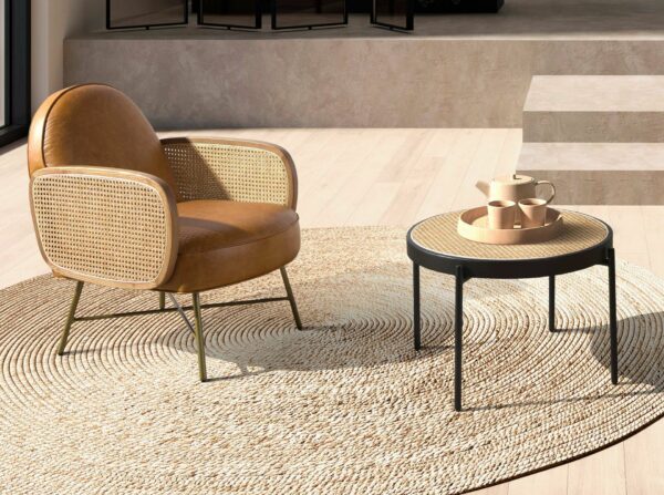 Mesa centro redonda rattan, madera negra y acero negro