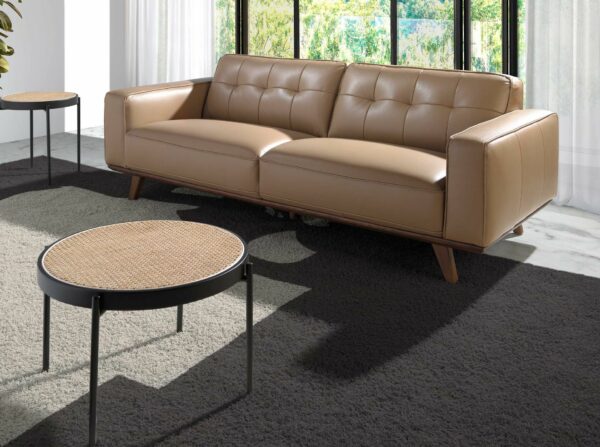Mesa centro redonda rattan, madera negra y acero negro