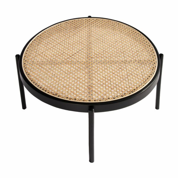 Mesa centro redonda rattan, madera negra y acero negro