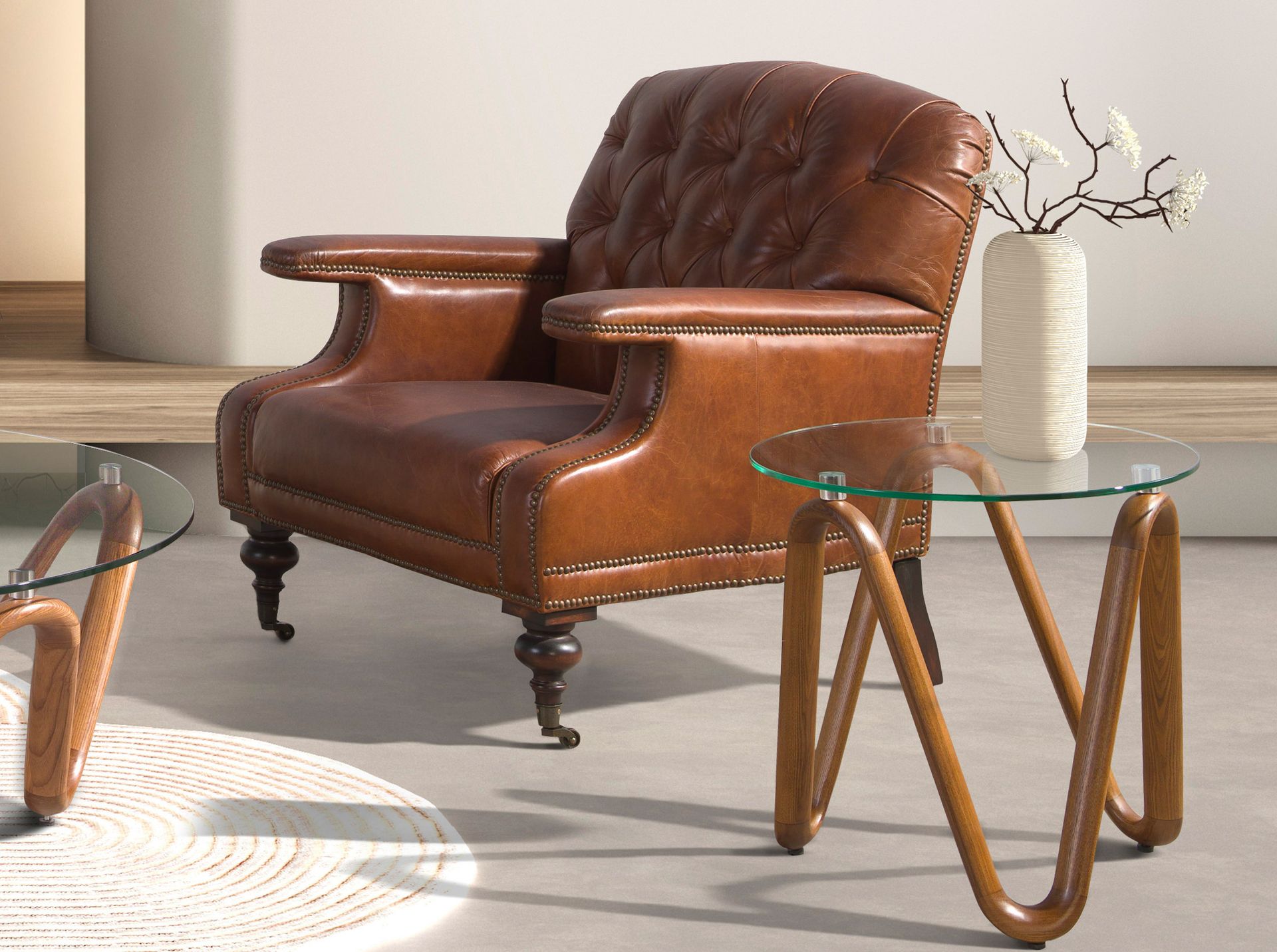 Mesa rincón redonda cristal templado y nogal Mesa rincón redonda cristal templado y nogal