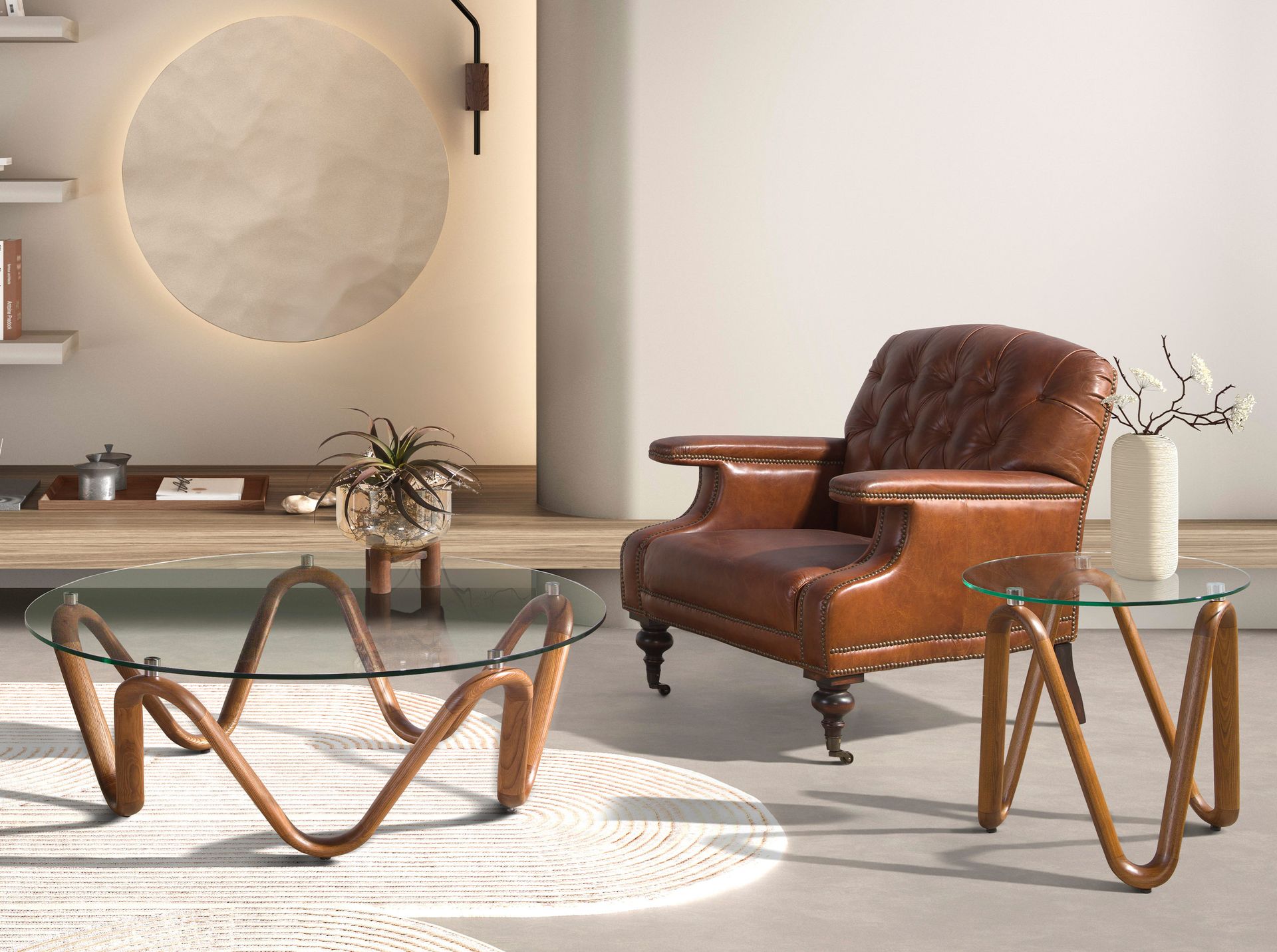 Mesa rincón redonda cristal templado y nogal Mesa rincón redonda cristal templado y nogal