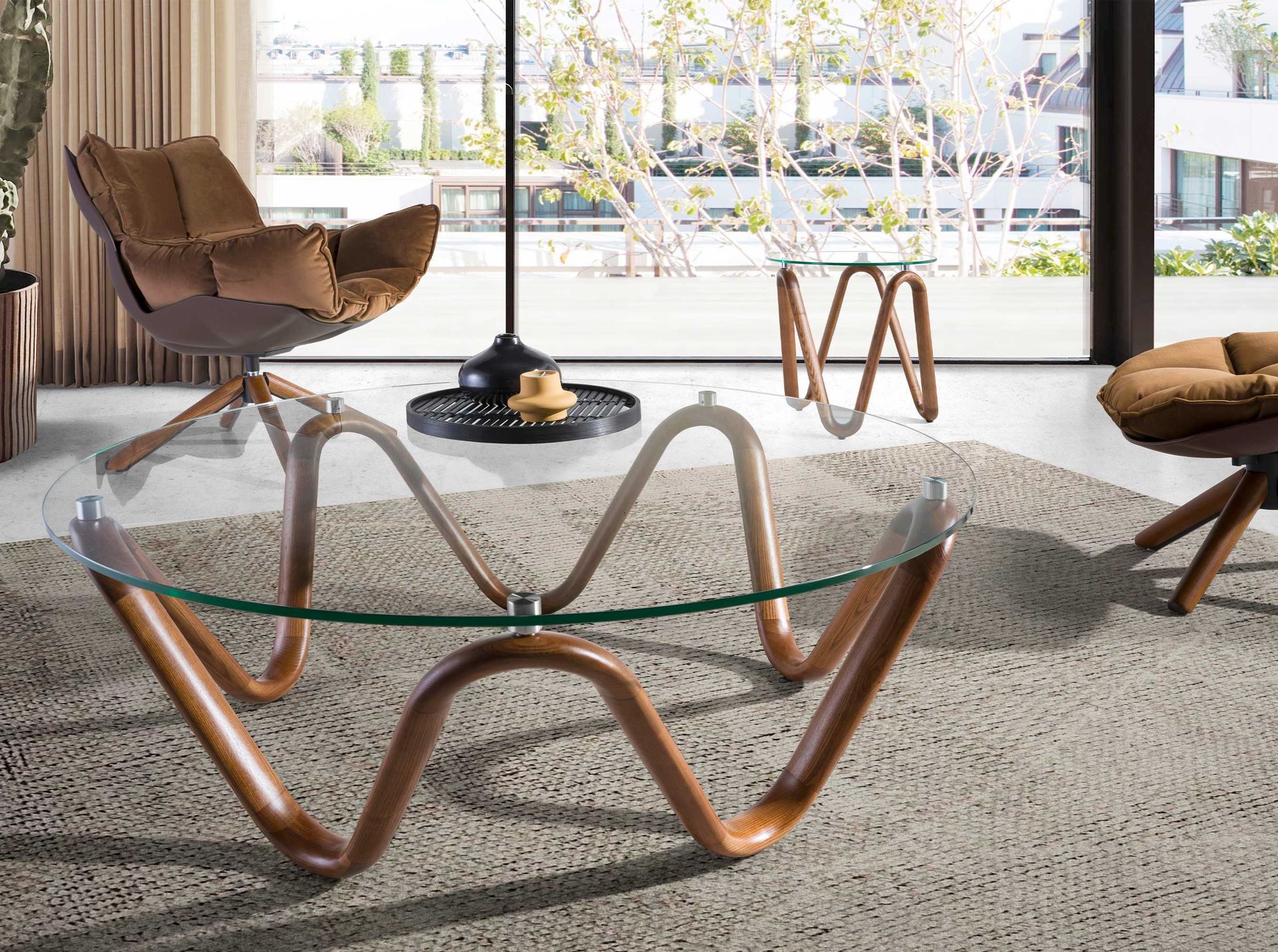 Mesa rincón redonda cristal templado y nogal Mesa rincón redonda cristal templado y nogal