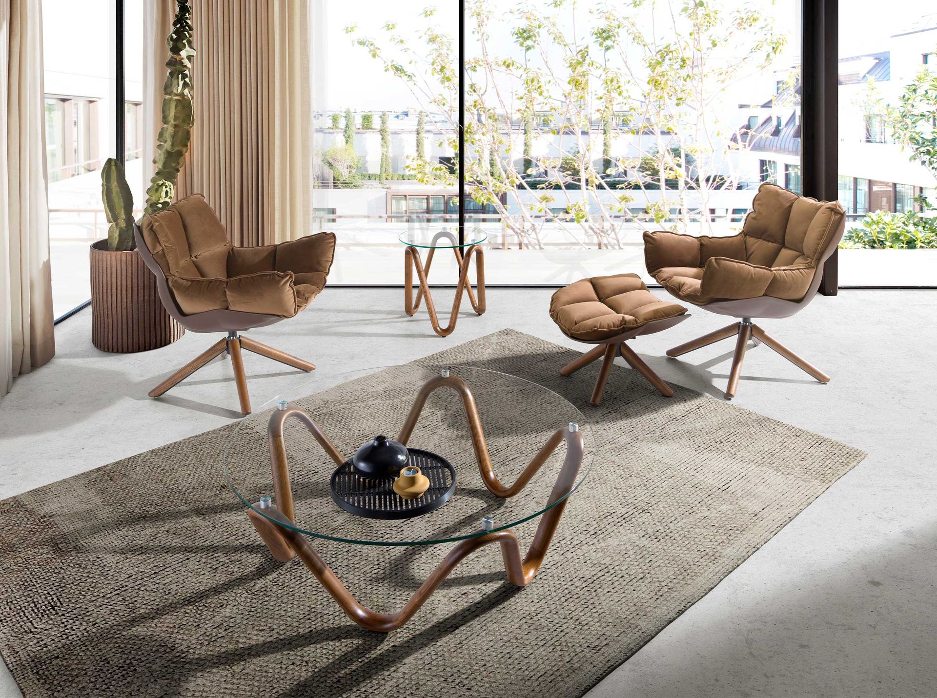 Mesa rincón redonda cristal templado y nogal Mesa rincón redonda cristal templado y nogal