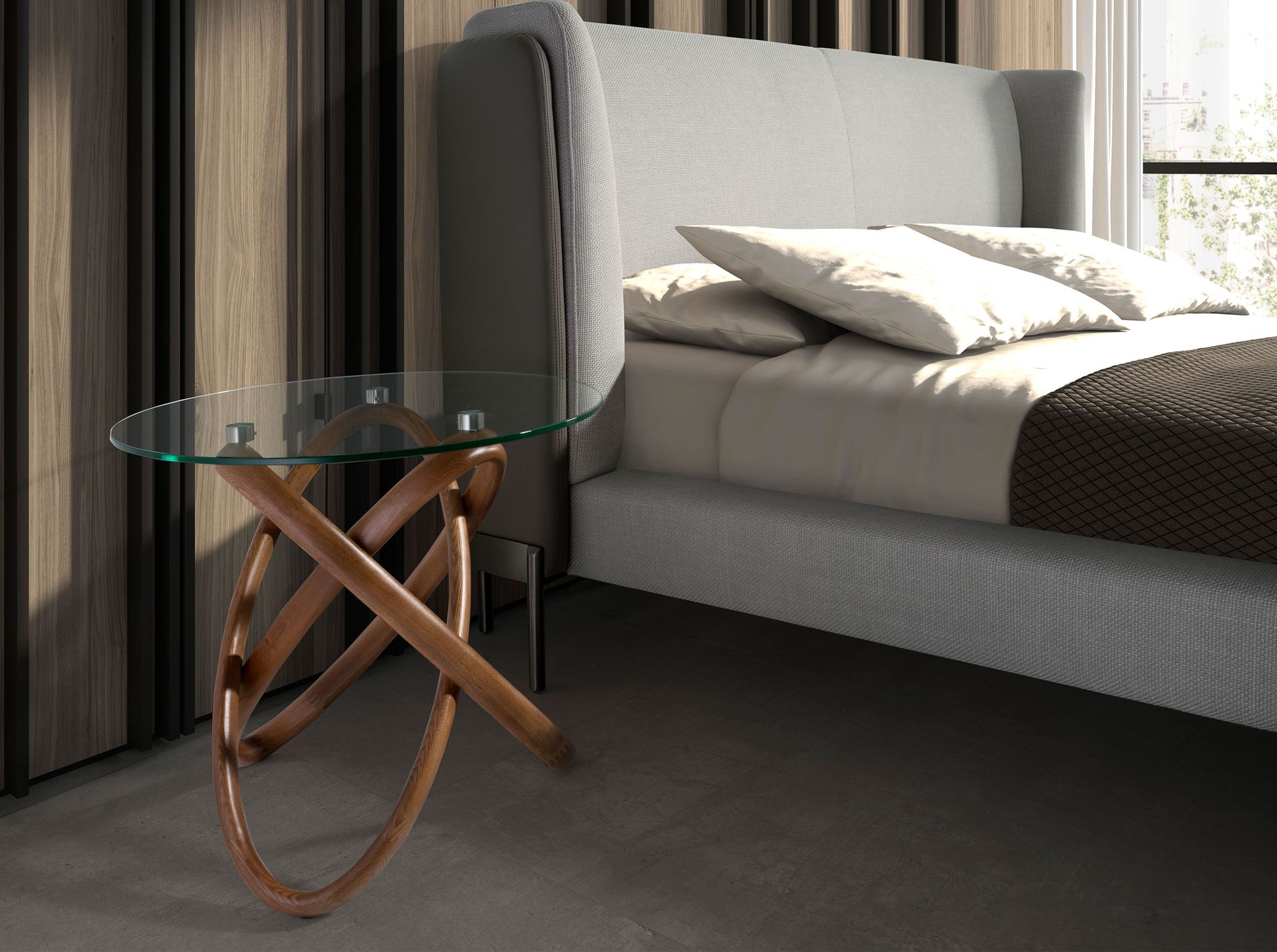 Mesa rincón redonda cristal templado y nogal Mesa rincón redonda cristal templado y nogal