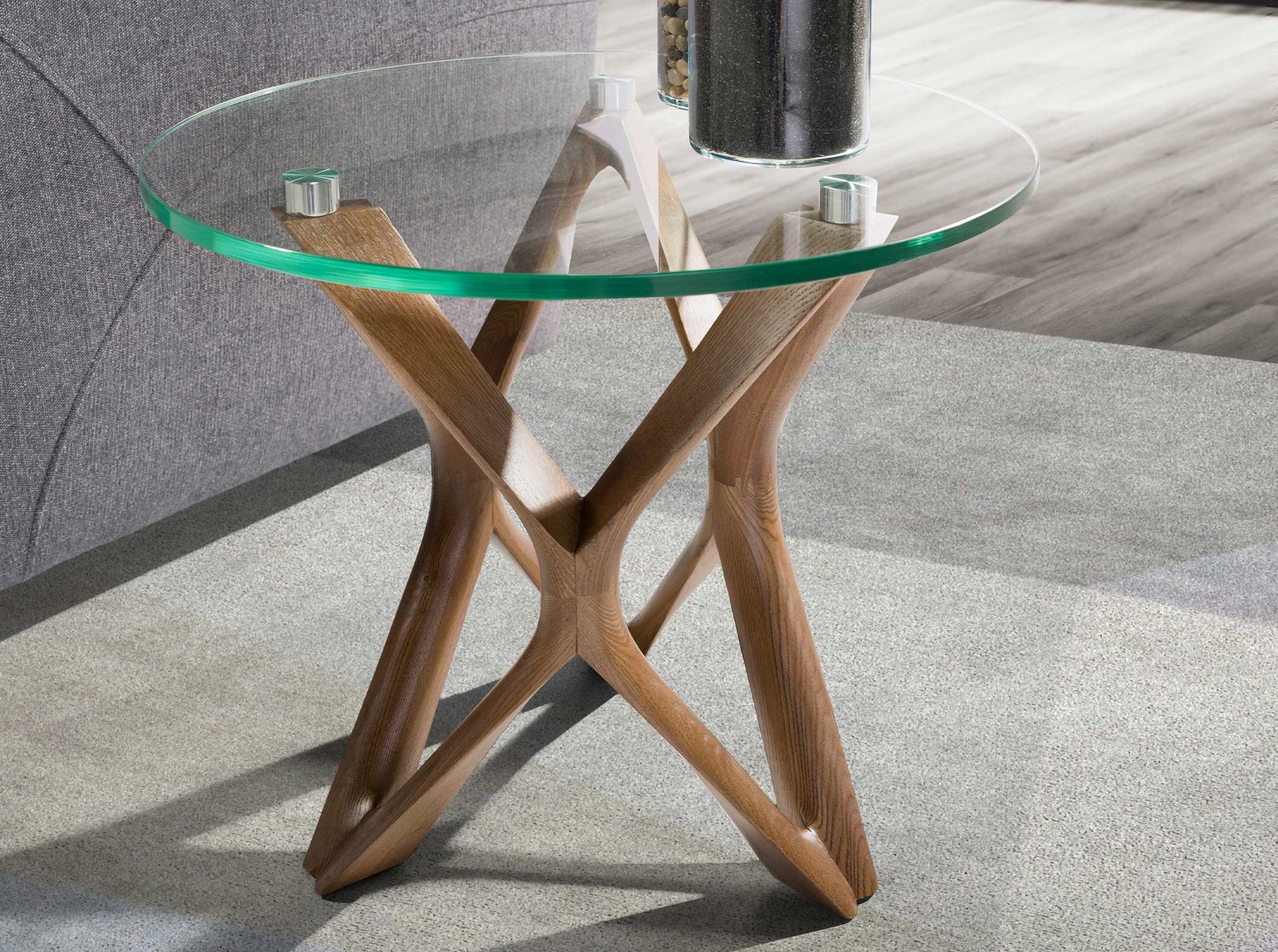 Mesa rincón redonda cristal templado y nogal Mesa rincón redonda cristal templado y nogal