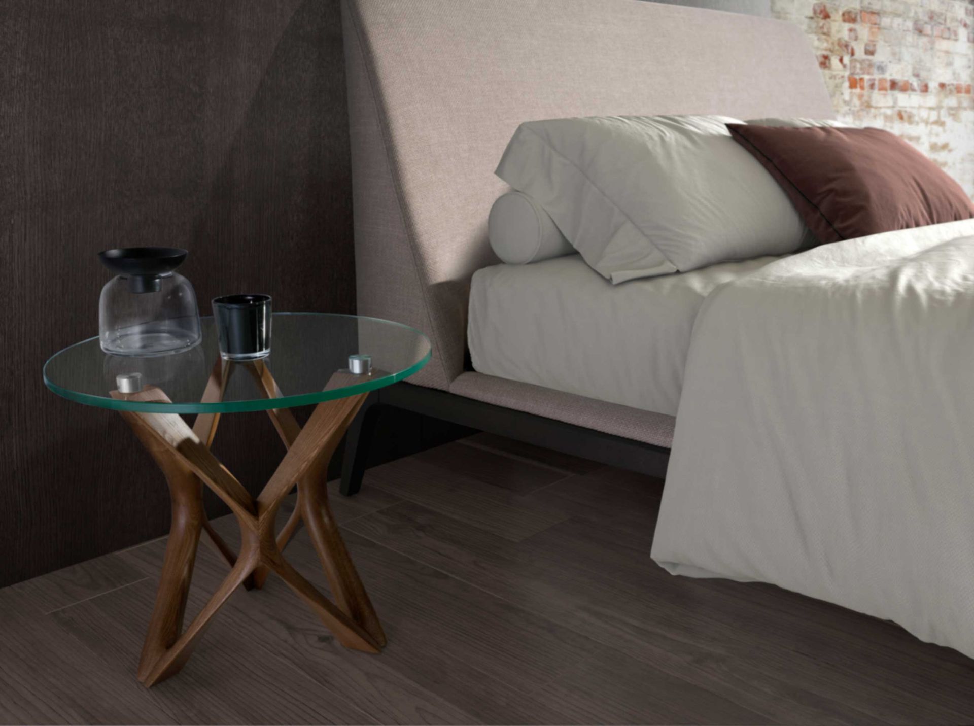 Mesa rincón redonda cristal templado y nogal Mesa rincón redonda cristal templado y nogal