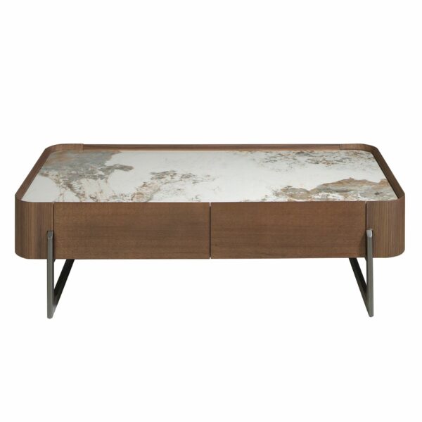 Mesa centro rectangular mármol porcelánico, nogal y acero visón metal