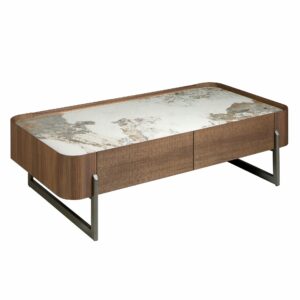 Mesa centro rectangular mármol porcelánico, nogal y acero visón metal Mesa centro rectangular mármol porcelánico, nogal y acero visón metal