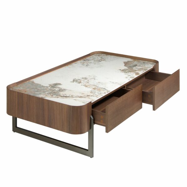 Mesa centro rectangular mármol porcelánico, nogal y acero visón metal