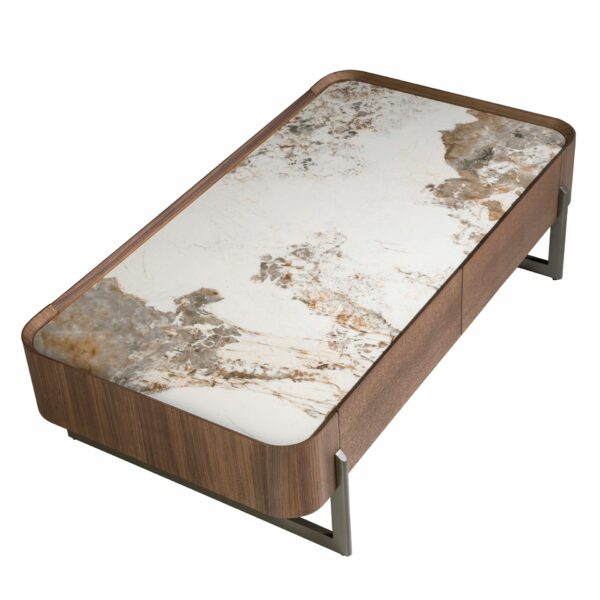 Mesa centro rectangular mármol porcelánico, nogal y acero visón metal
