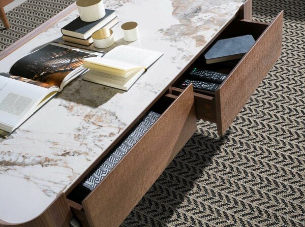Mesa centro rectangular mármol porcelánico, nogal y acero visón metal