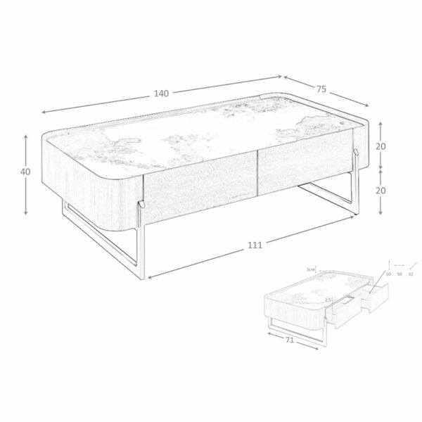 Mesa centro rectangular mármol porcelánico, nogal y acero visón metal