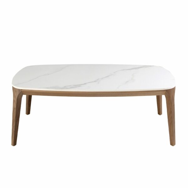 Mesa centro ovalada barril mármol porcelánico y nogal