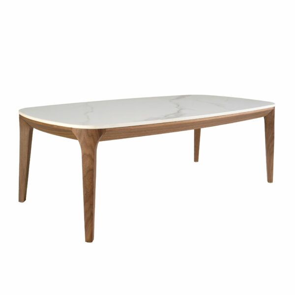 Mesa centro ovalada barril mármol porcelánico y nogal
