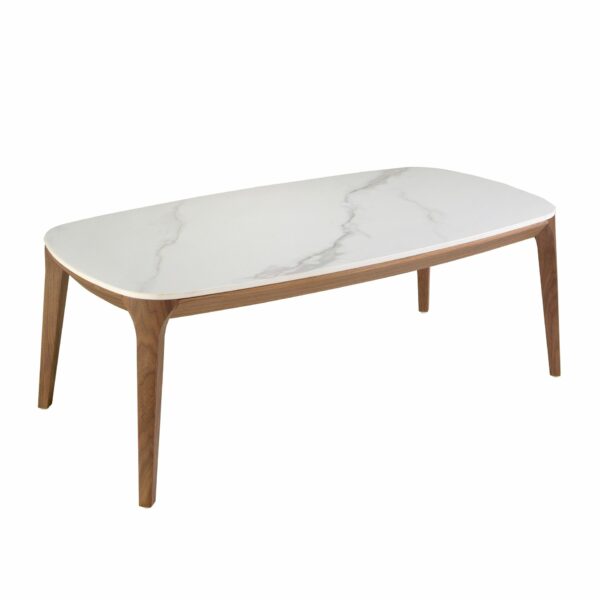 Mesa centro ovalada barril mármol porcelánico y nogal
