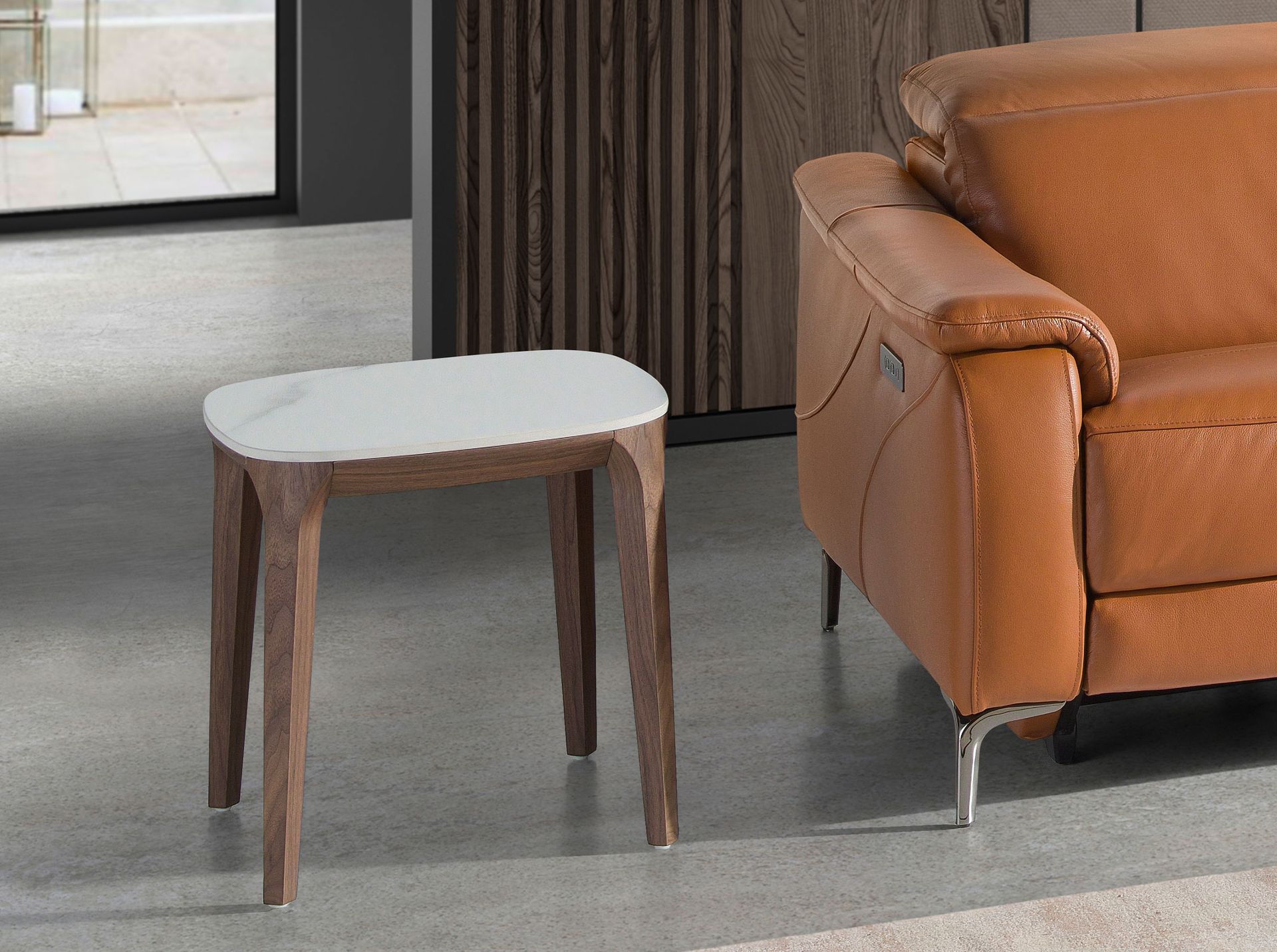 Mesa rincón cuadrada mármol porcelánico y nogal Mesa rincón cuadrada mármol porcelánico y nogal