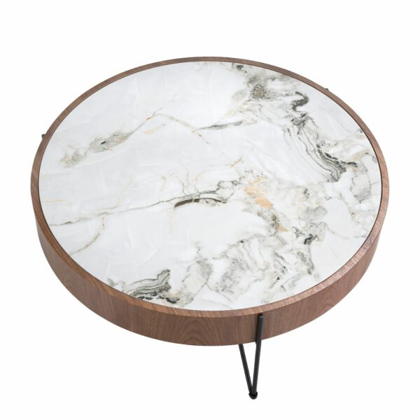 Mesa centro redonda mármol porcelánico, nogal y acero negro