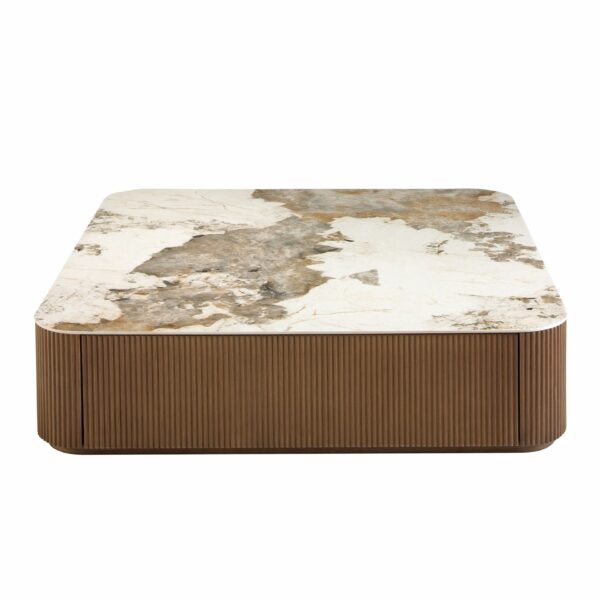 Mesa centro cuadrada mármol porcelánico y nogal