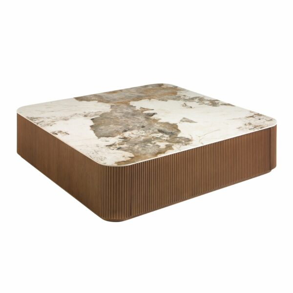Mesa centro cuadrada mármol porcelánico y nogal